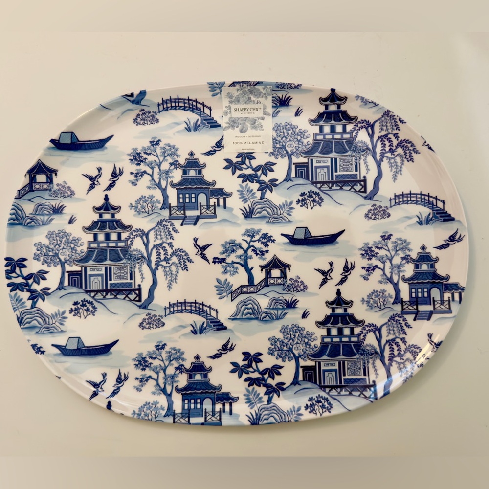 NWT Shabby Chic Melamine Blue Willow Chinoiserie Serving Platter Asian Pagoda